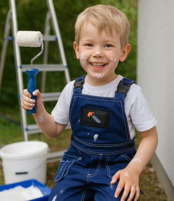 Mini-målare i blå hängselbyxor